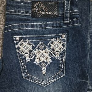 Grace in LA Women's Dark Blue Jeans with White Embroidery